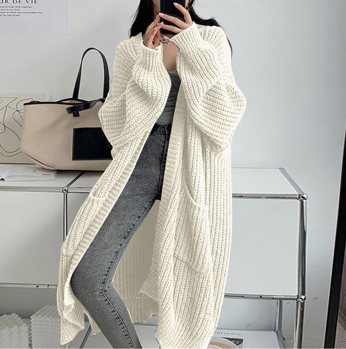Genevieve | Womens Long Knitted Loose Thickened Winter Ladies Cardigan - White