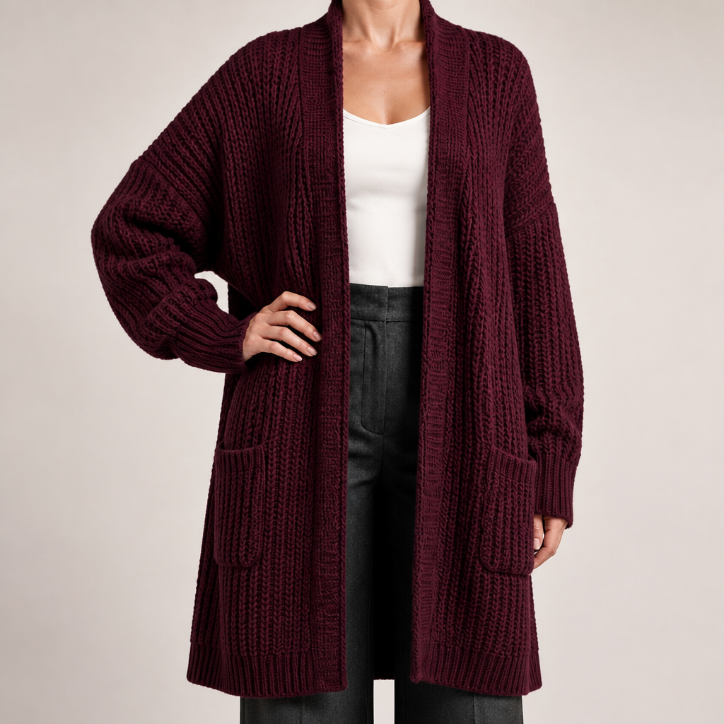 Genevieve | Womens Long Knitted Loose Thickened Winter Ladies Cardigan, Wine Red