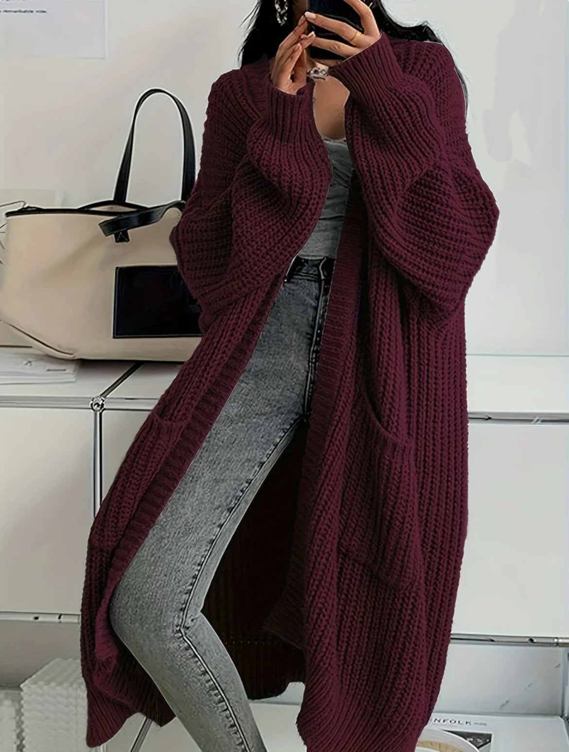 Genevieve | Womens Long Knitted Loose Thickened Winter Ladies Cardigan - Wine Red