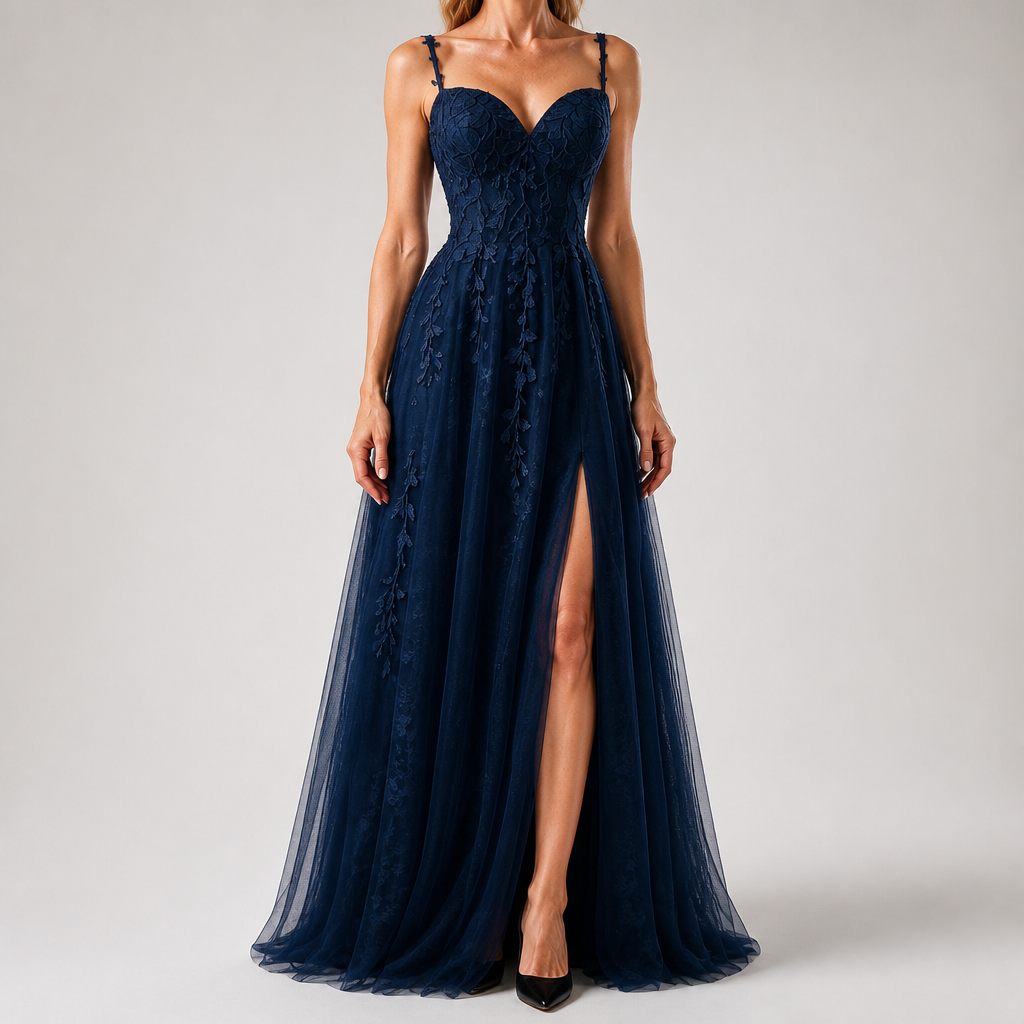 Genevieve | Womens Prom Formal Evening Gown Maxi Wedding Guest Cocktail Dresses, Navy Blue