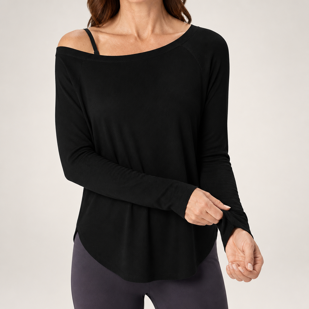 Genevieve | Womens Yoga Top Ribbed Off Shoulder Long Sleeve Fitness Top, Black