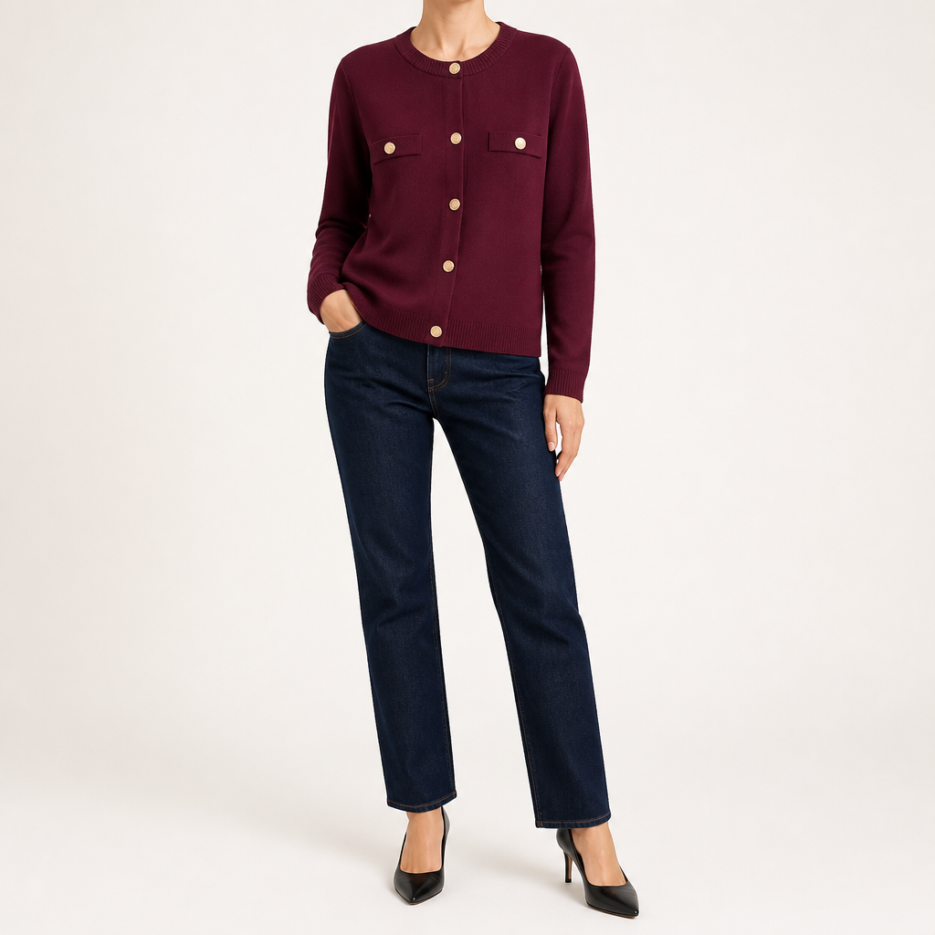 Georgina | Womens Cardigan Knit Gold Button Soft Knitted Cardigan, Wine Red