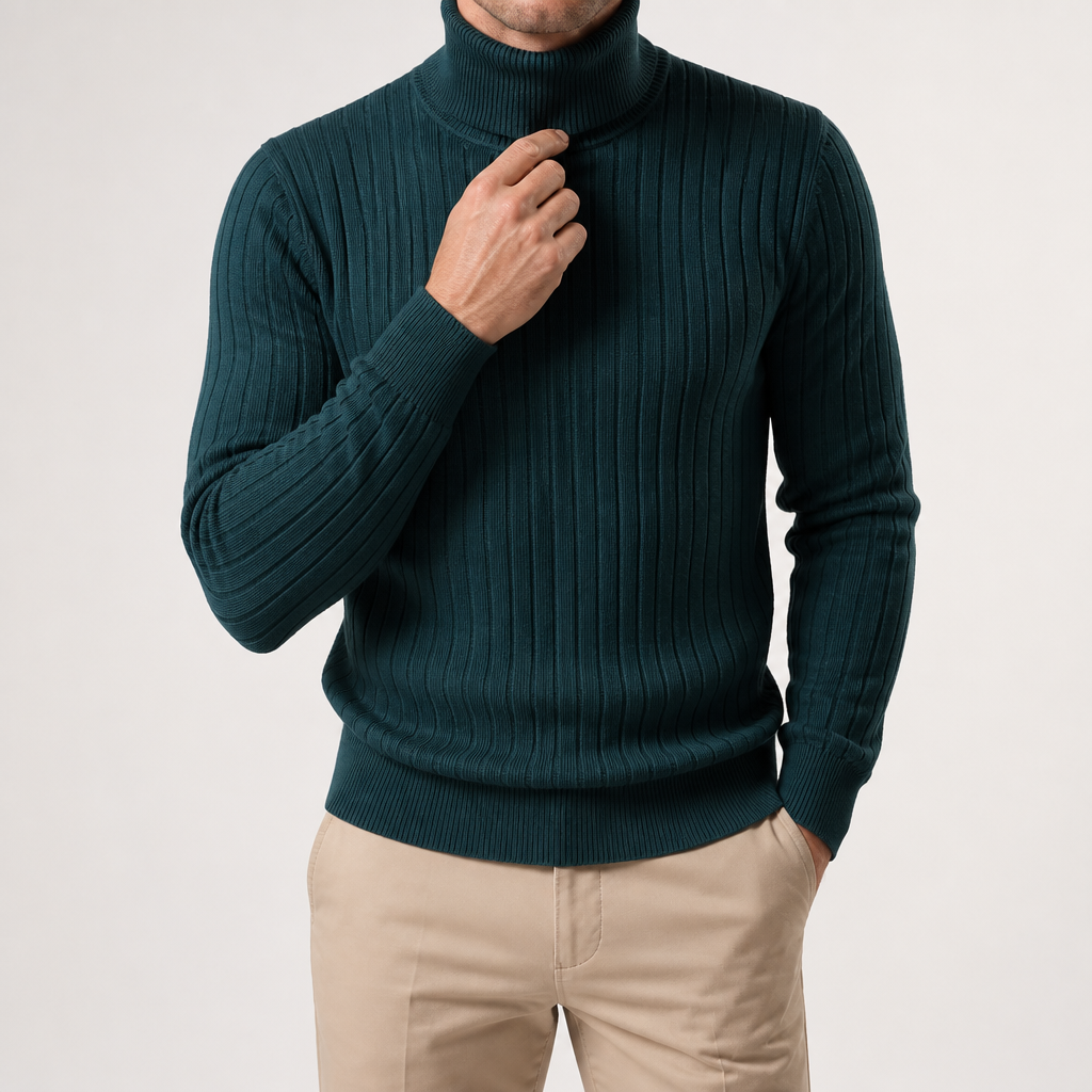 Gideon | Mens Knitted Jumper Roll Neck Pullover Warm Winter Sweater, Dark Green