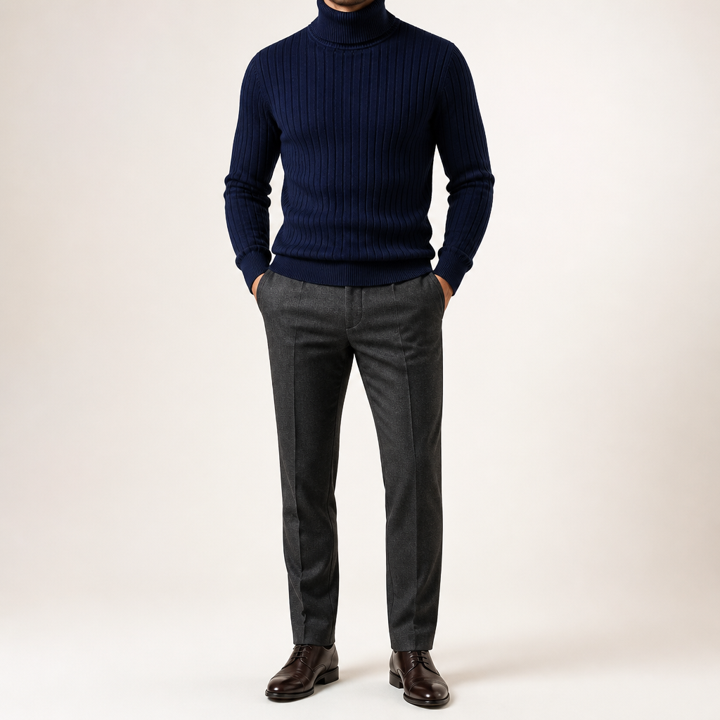 Gideon | Mens Knitted Jumper Roll Neck Pullover Warm Winter Sweater, Navy