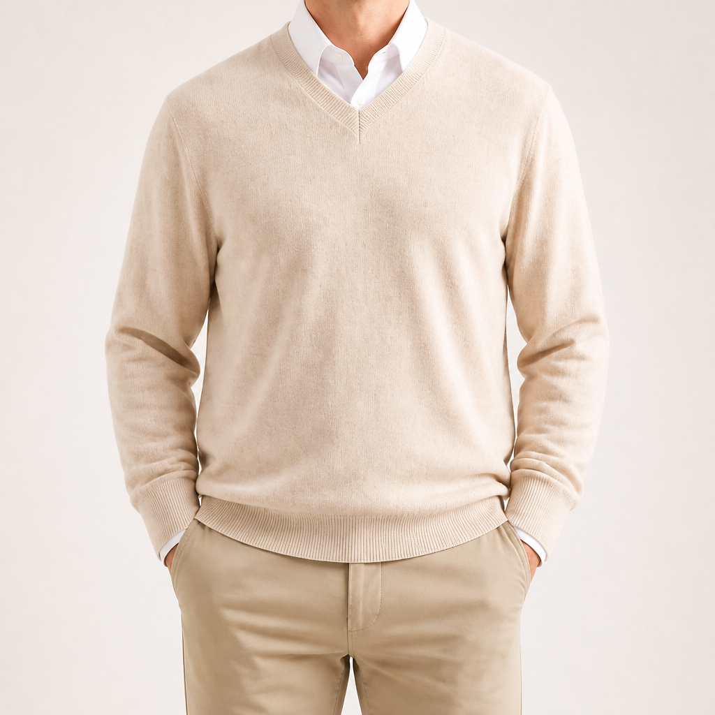 Gideon | Mens V Neck Knitted Jumper Loose Knit Sweater, Beige 2