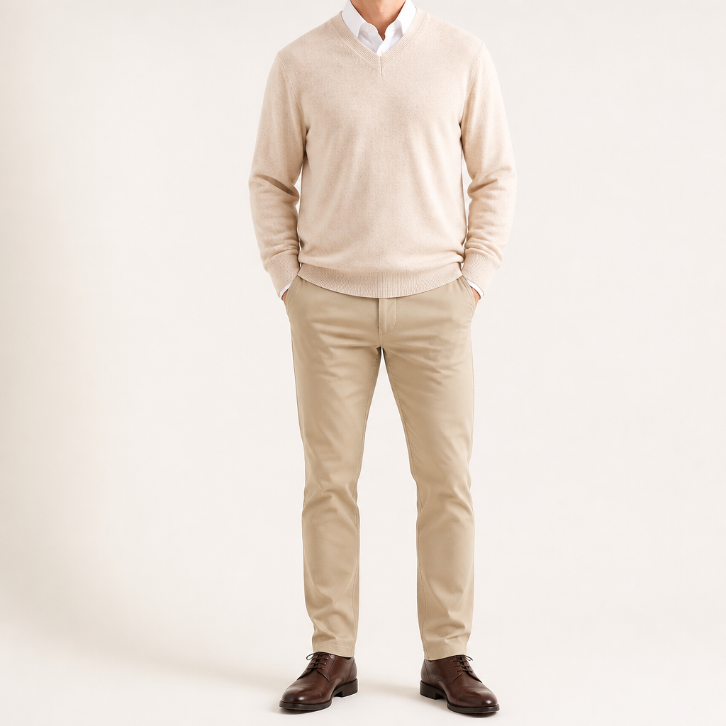 Gideon | Mens V Neck Knitted Jumper Loose Knit Sweater, Beige 2