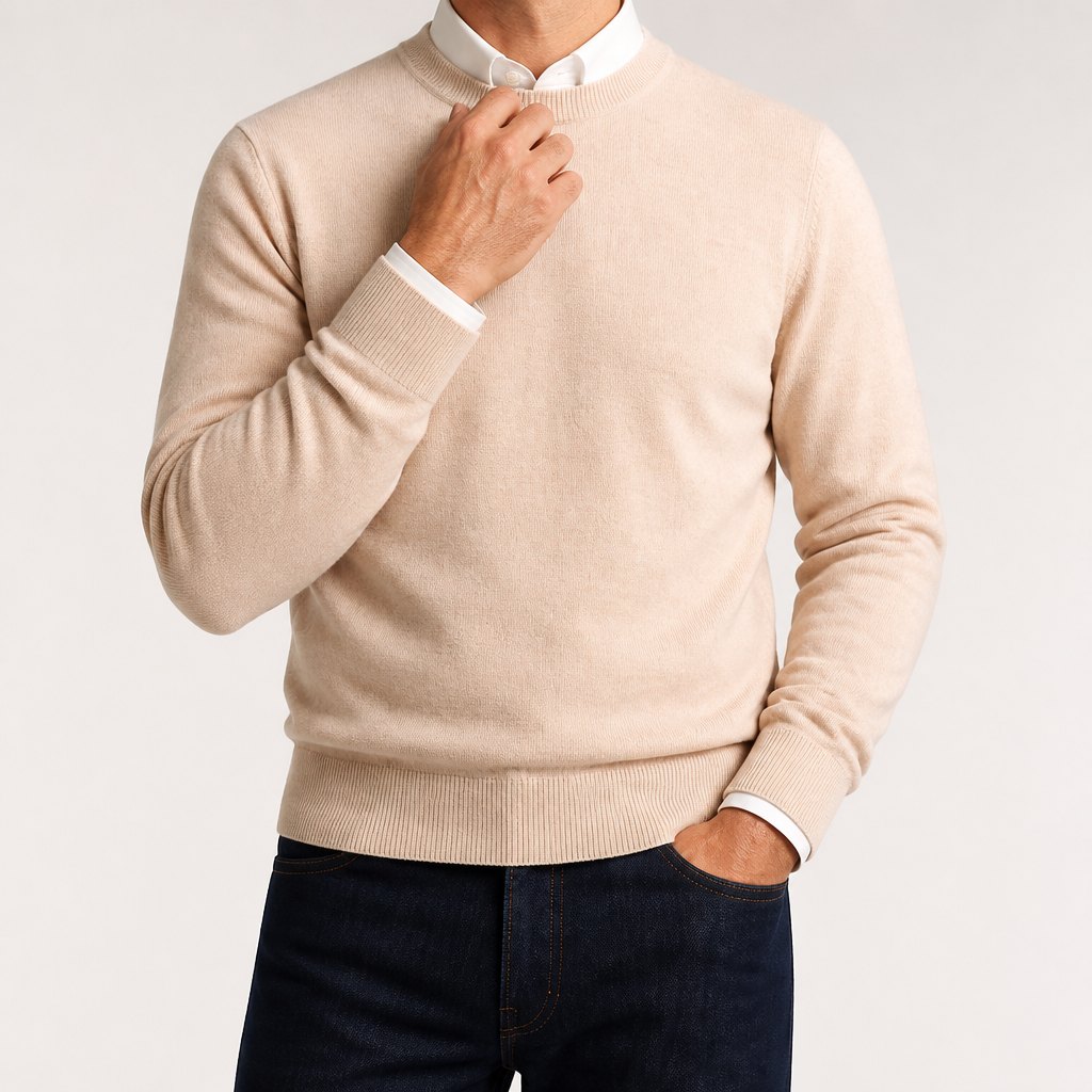 Gideon | Mens V Neck Knitted Jumper Loose Knit Sweater, Beige