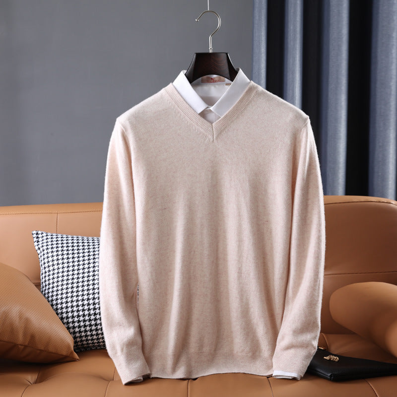 Gideon | Mens V Neck Loose Knitted Jumper - Beige V Neck