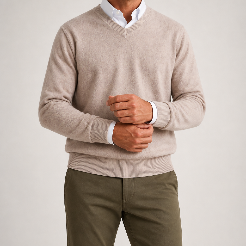 Gideon | Mens V Neck Knitted Jumper Loose Knit Sweater, Camel