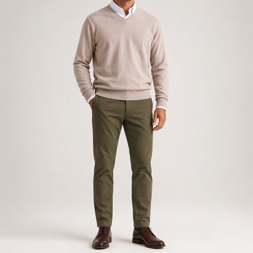 Gideon | Mens V Neck Knitted Jumper Loose Knit Sweater, Camel