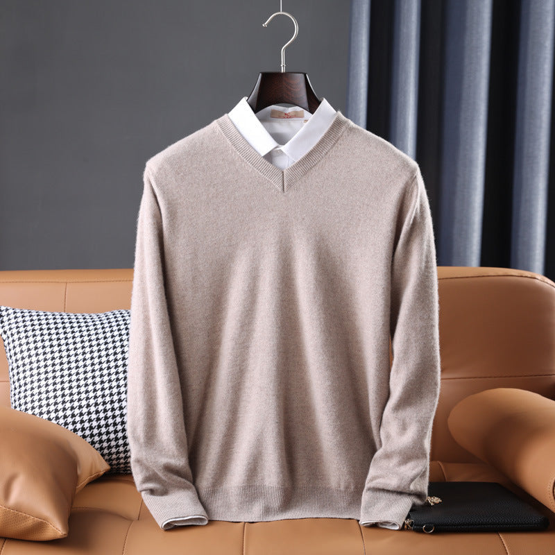 Gideon | Mens V Neck Loose Knitted Jumper - Camel