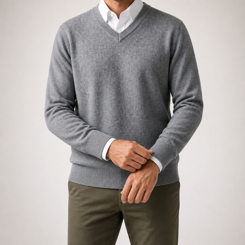 Gideon | Mens V Neck Knitted Jumper Loose Knit Sweater, Grey 2