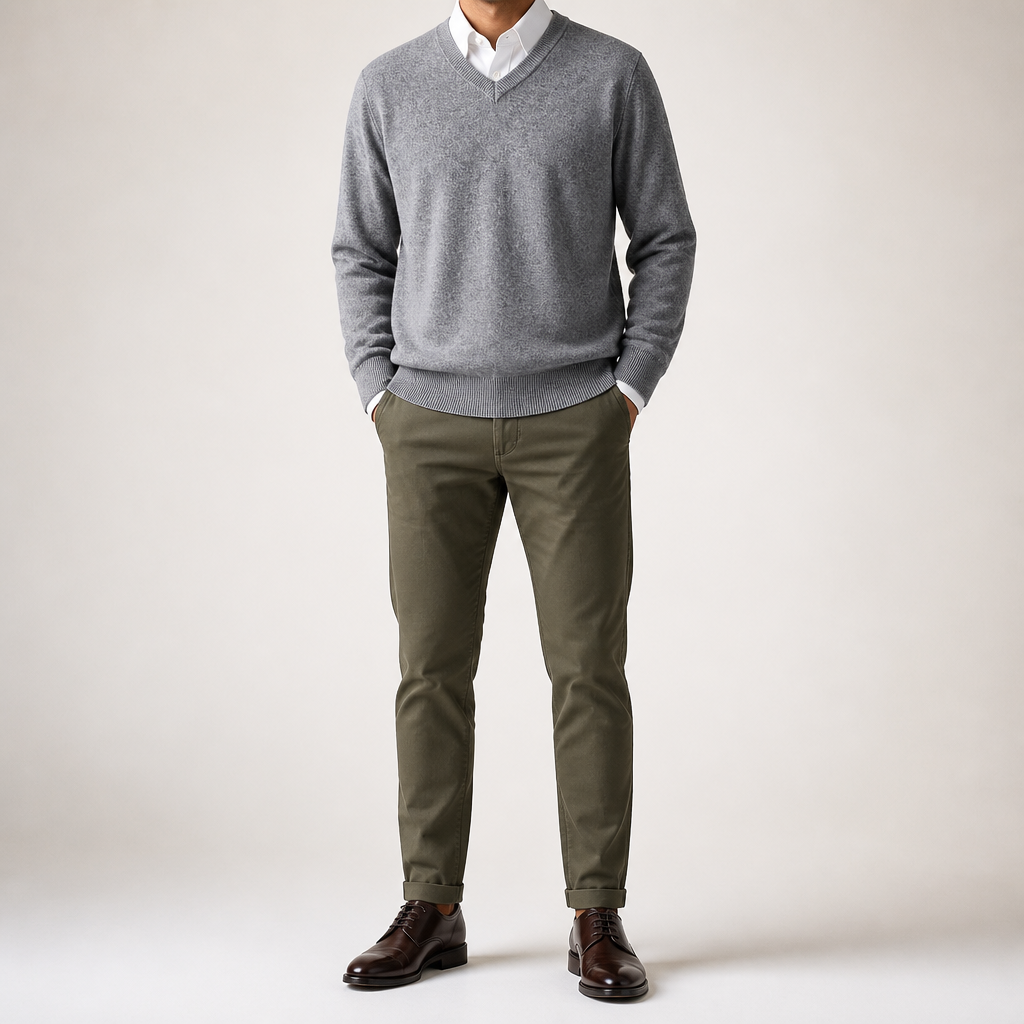 Gideon | Mens V Neck Knitted Jumper Loose Knit Sweater, Grey 2