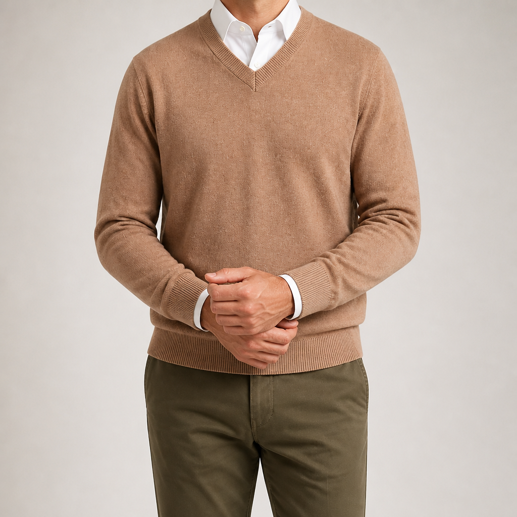 Gideon | Mens V Neck Knitted Jumper Loose Knit Sweater, Khaki 2