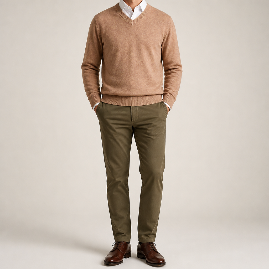 Gideon | Mens V Neck Knitted Jumper Loose Knit Sweater, Khaki 2
