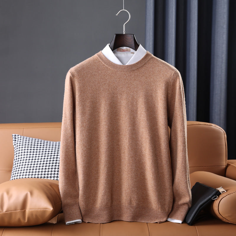 Gideon | Mens V Neck Loose Knitted Jumper - Khaki Crew Neck