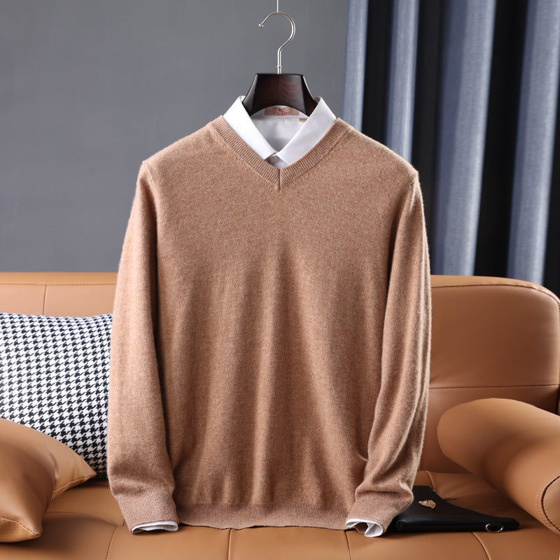 Gideon | Mens V Neck Loose Knitted Jumper - Khaki V Neck