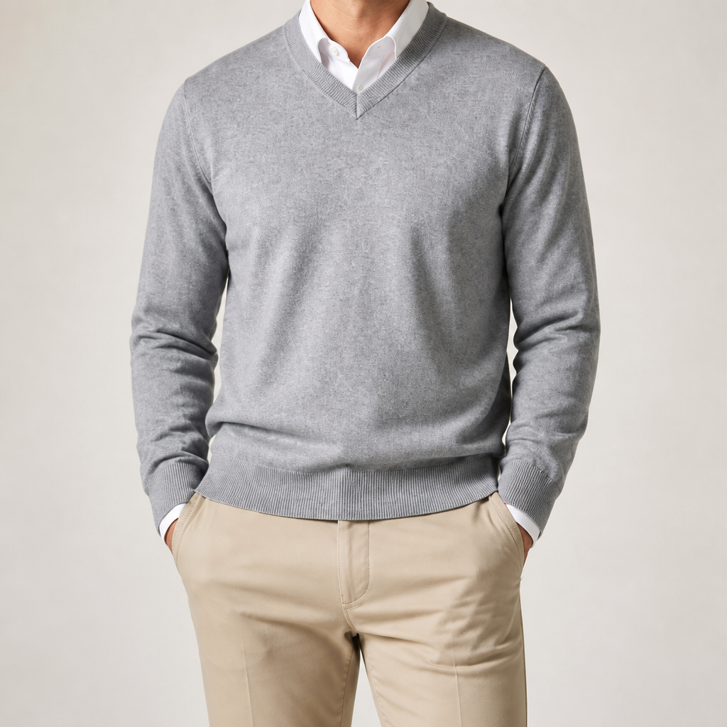 Gideon | Mens V Neck Knitted Jumper Loose Knit Sweater, Light Grey 2