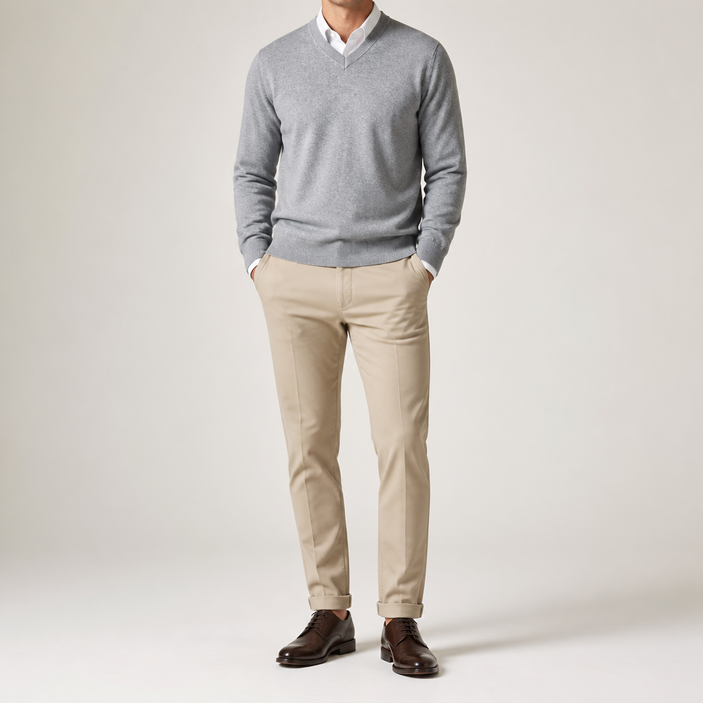 Gideon | Mens V Neck Knitted Jumper Loose Knit Sweater, Light Grey 2
