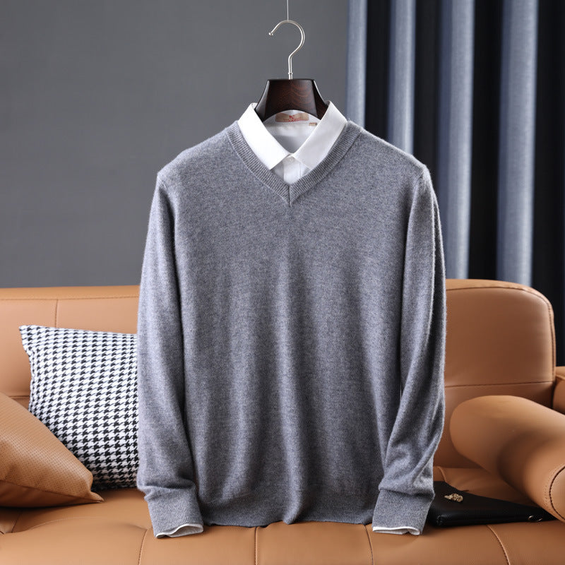 Gideon | Mens V Neck Loose Knitted Jumper - Medium Grey V Neck