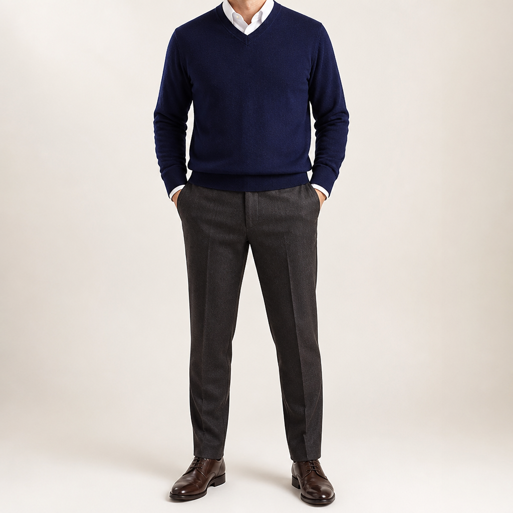 Gideon | Mens V Neck Knitted Jumper Loose Knit Sweater, Navy Blue 2