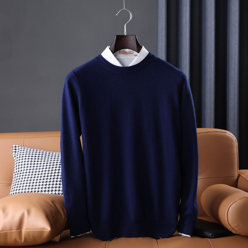 Gideon | Mens V Neck Loose Knitted Jumper - Navy Blue Crew Neck