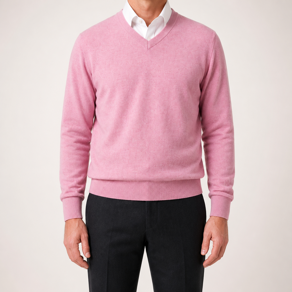Gideon | Mens V Neck Knitted Jumper Loose Knit Sweater, Pink 2