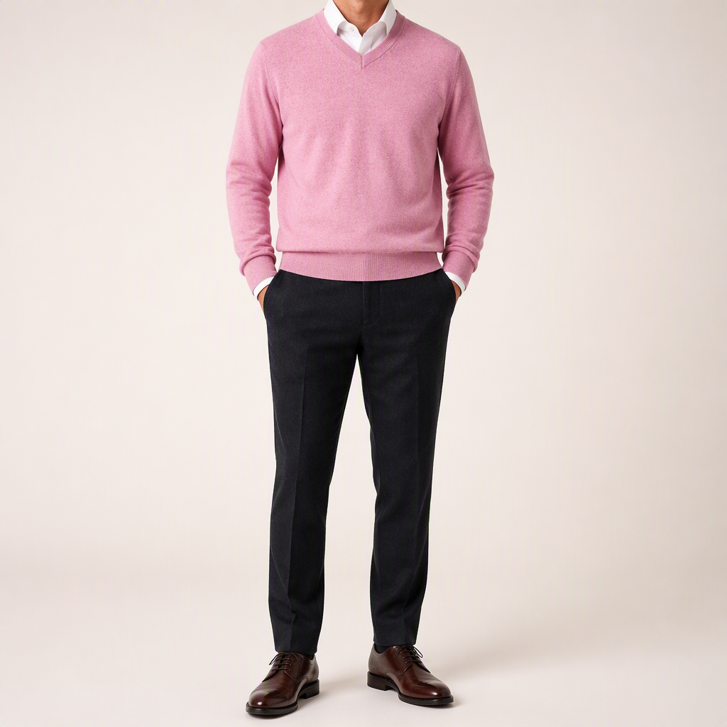 Gideon | Mens V Neck Knitted Jumper Loose Knit Sweater, Pink 2