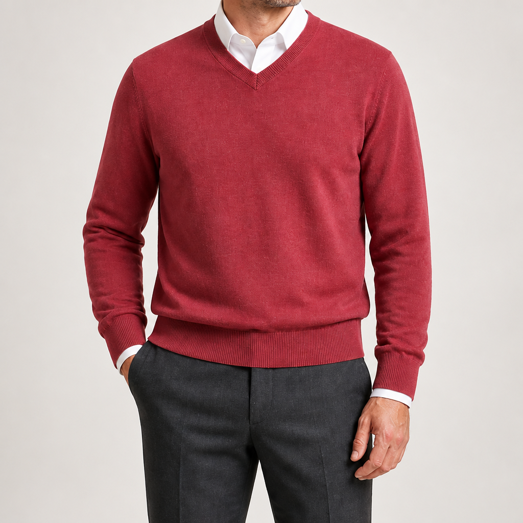 Gideon | Mens V Neck Knitted Jumper Loose Knit Sweater, Red