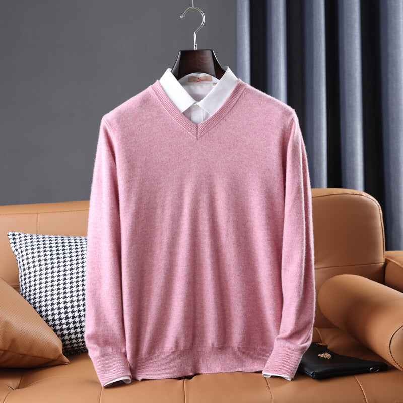 Gideon | Mens V Neck Loose Knitted Jumper - Sakura Pink V Neck