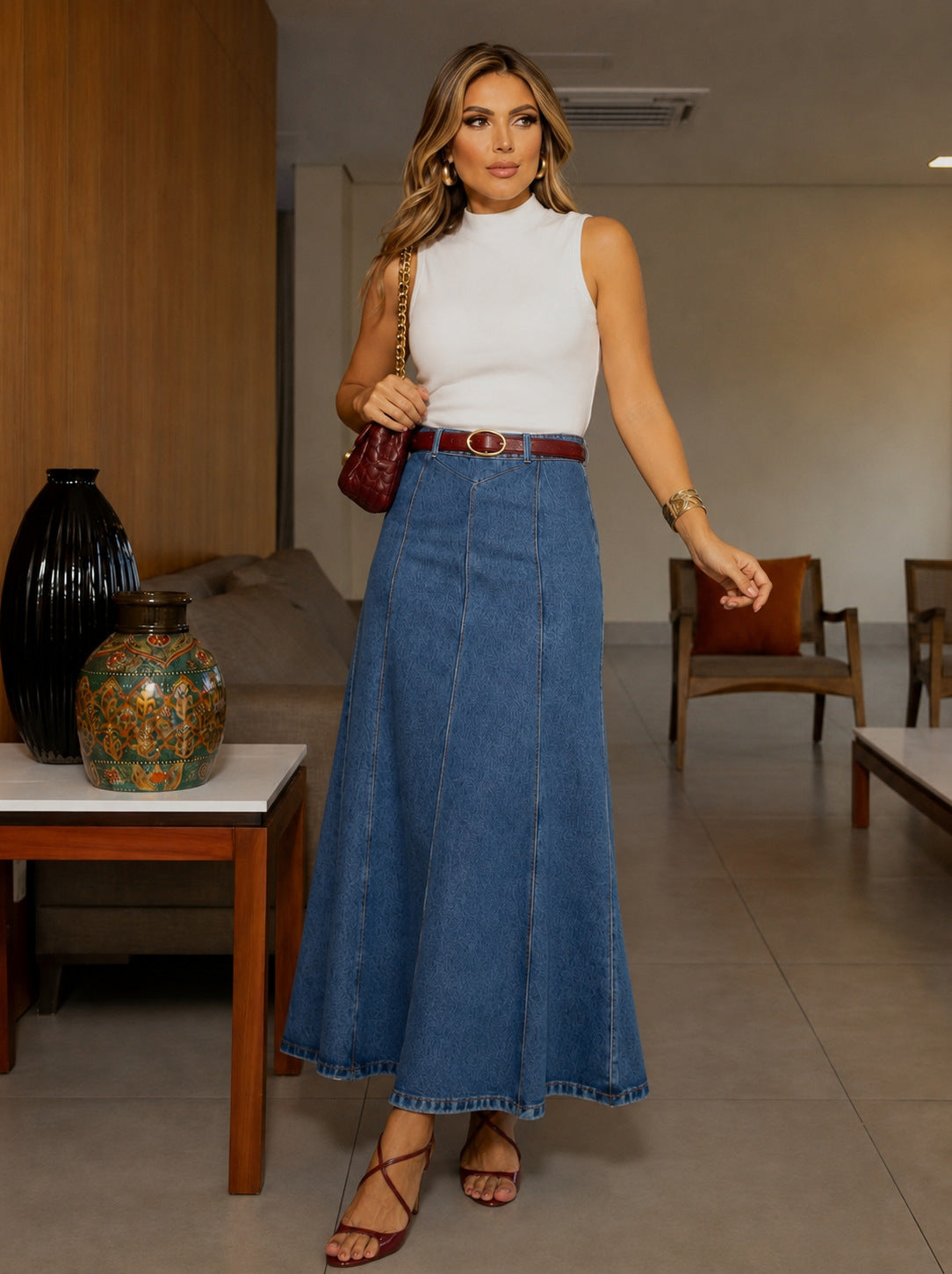 Greer | Womens High Waisted Long Denim Maxi Skirt - 3