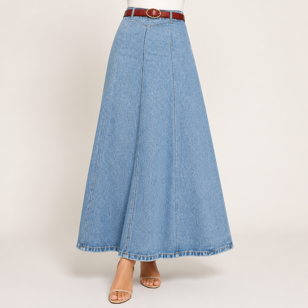 Greer | Womens High Waisted Long Denim Maxi Skirt, Light Blue