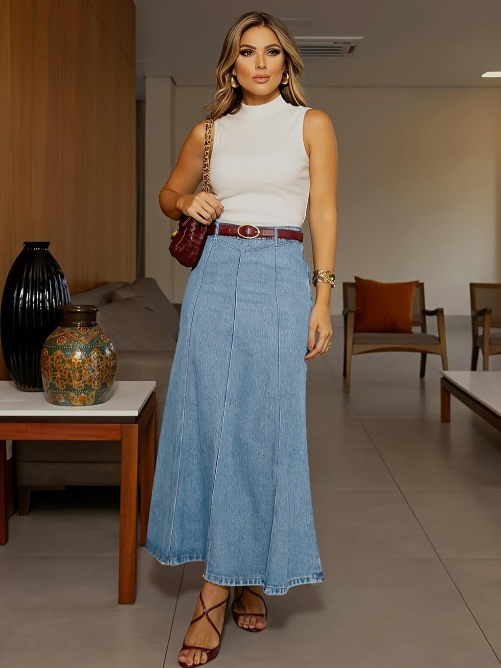 Greer | Womens High Waisted Long Denim Maxi Skirt - Light Blue