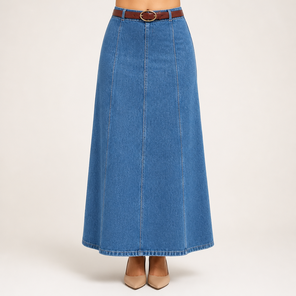 Greer | Womens High Waisted Long Denim Maxi Skirt, Mid Blue