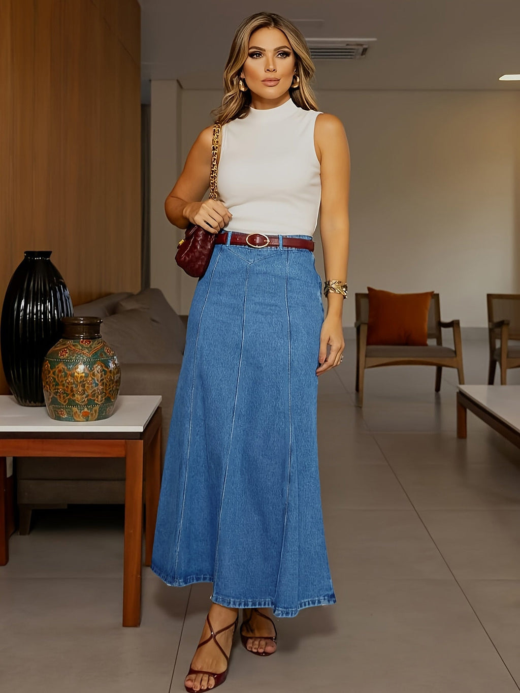 Greer | Womens High Waisted Long Denim Maxi Skirt - Mid Blue