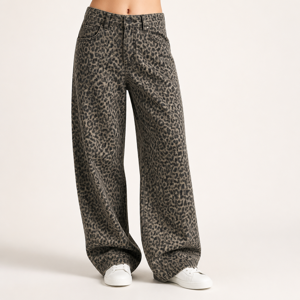 Greta | Womens High Waisted Jeans Leopard Print Straight Leg Slim Denim, Leopard