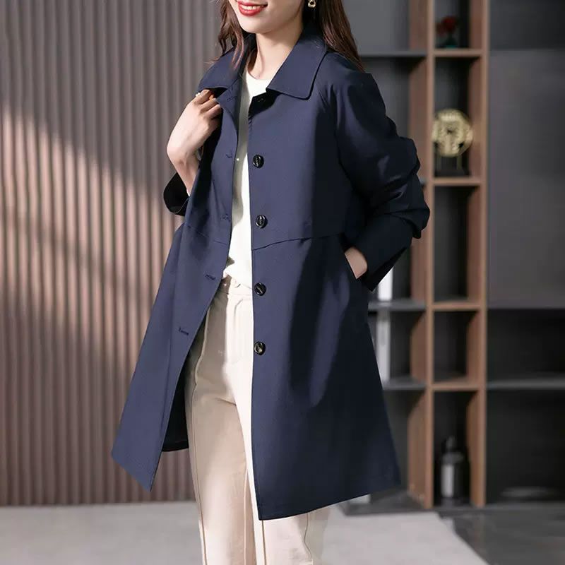 Halle | Womens Belted Mid Length Trench Coat - Navy Blue