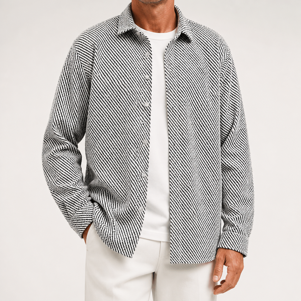 Harlan | Mens Casual Loose Fashion Long Sleeve Shirt, White And Grey Suit