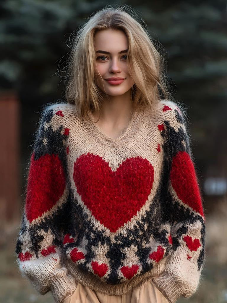 Harriet | Womens Heart Print Loose Round Neck Sweatshirt - 2