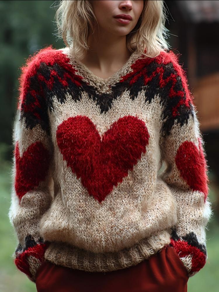 Harriet | Womens Heart Print Loose Round Neck Sweatshirt - 6