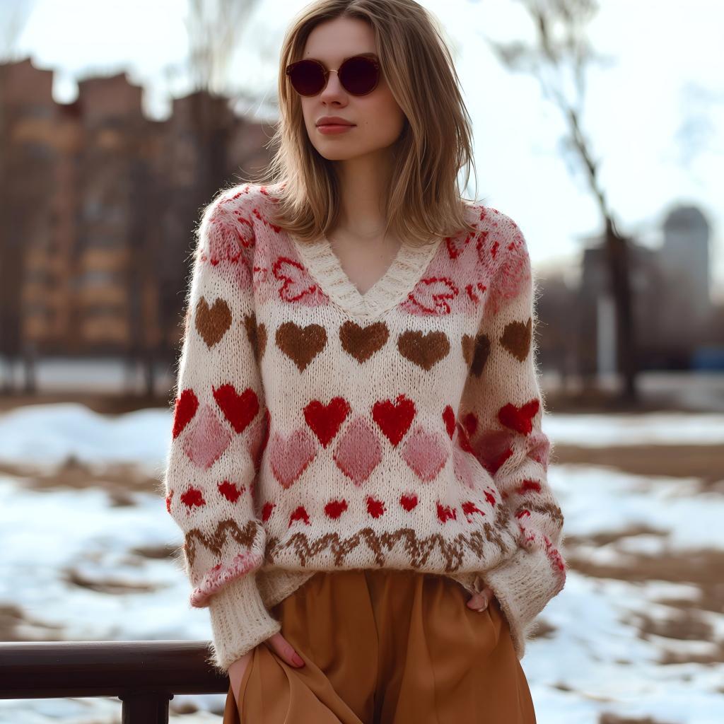 Harriet | Womens Heart Print Loose Round Neck Sweatshirt - 8