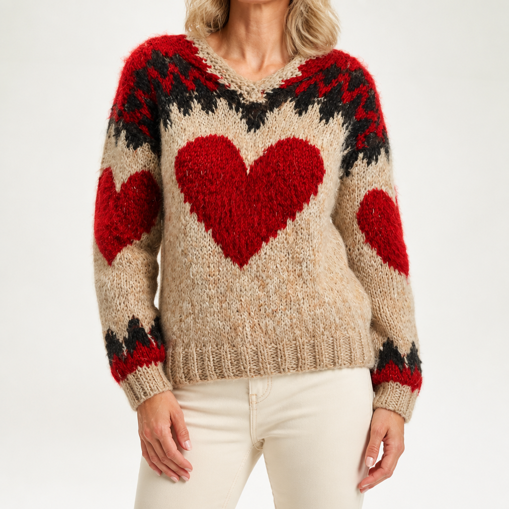 Harriet | Womens Heart Print Loose Round Neck Pullover Sweatshirt, Multi