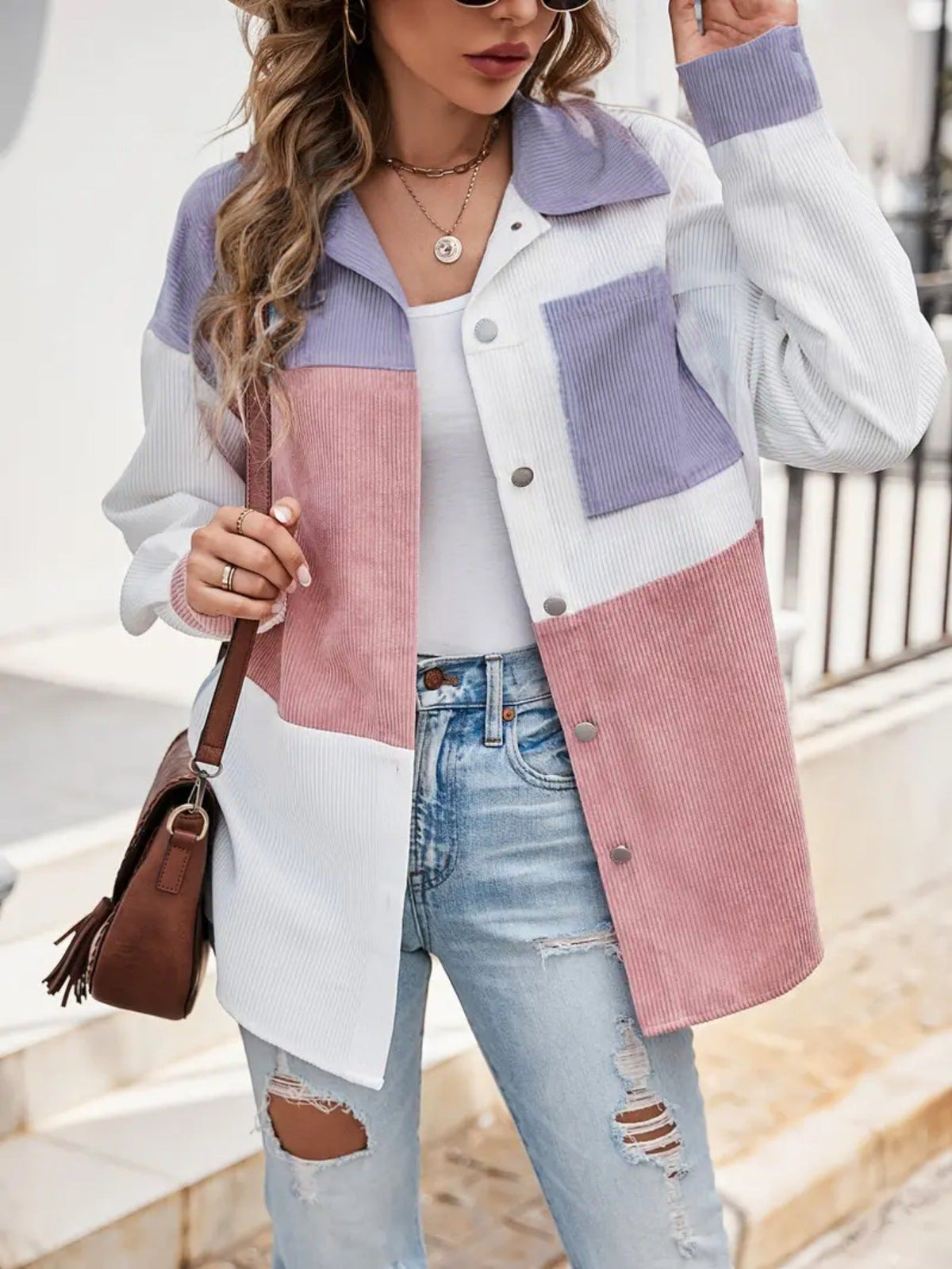 Harriet | Womens Loose Stand Collar Fashion Shirt - Pink