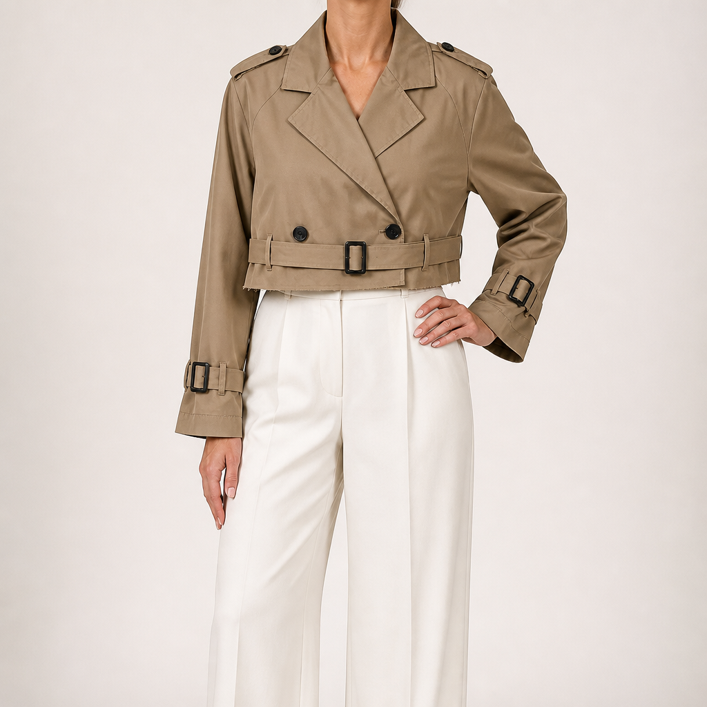 Hattie | Womens Cropped Belted Trench Coat, Dark Brown