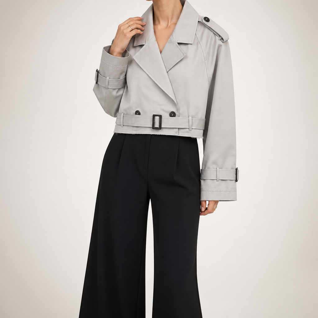 Hattie | Womens Cropped Belted Trench Coat, Light Grey