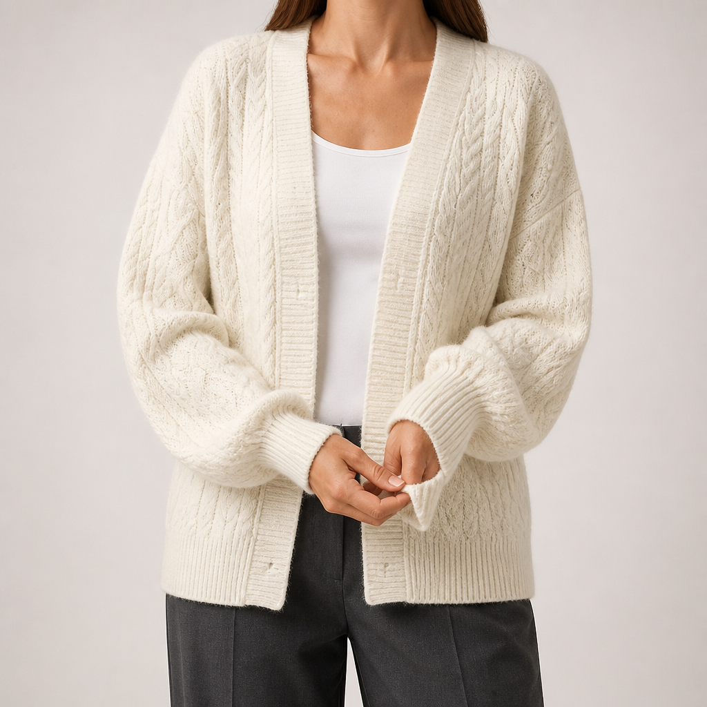 Hazel | Womens Cable Knit Wool Blend Chunky Cardigan, Cream White