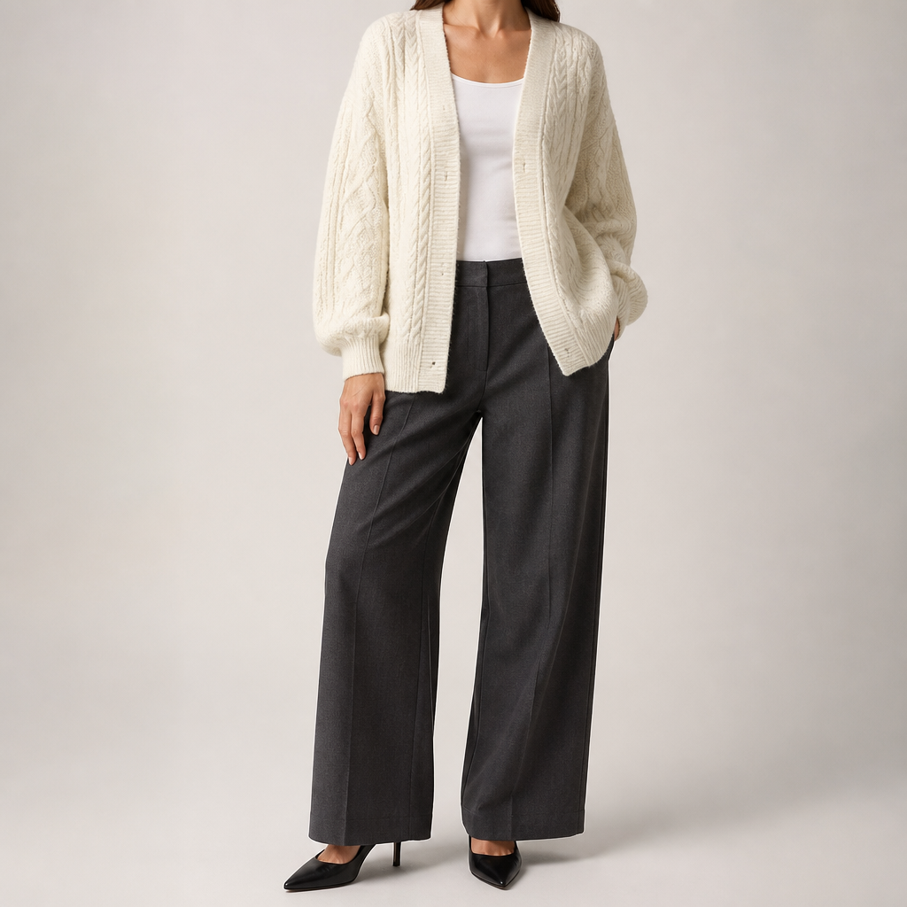 Hazel | Womens Cable Knit Wool Blend Chunky Cardigan, Cream White
