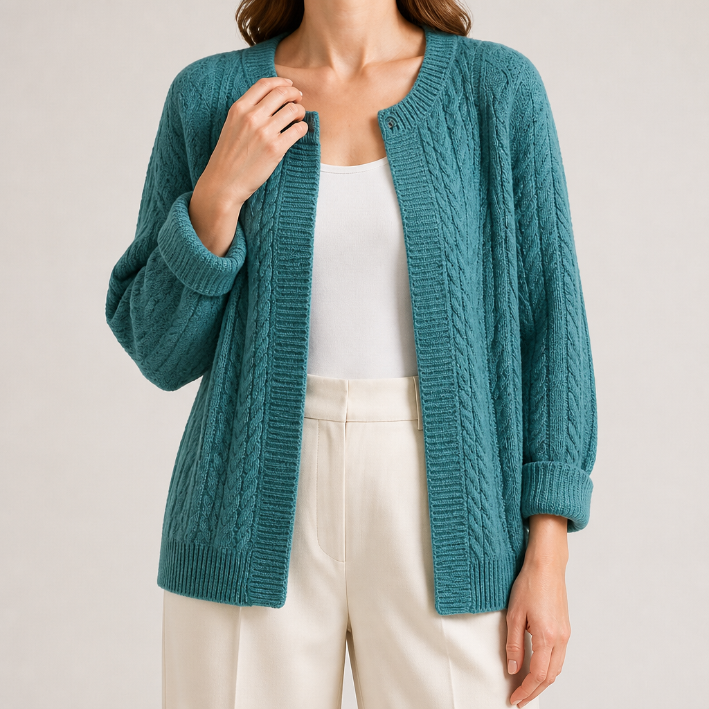 Hazel | Womens Cable Knit Wool Blend Chunky Cardigan, Peacock Blue