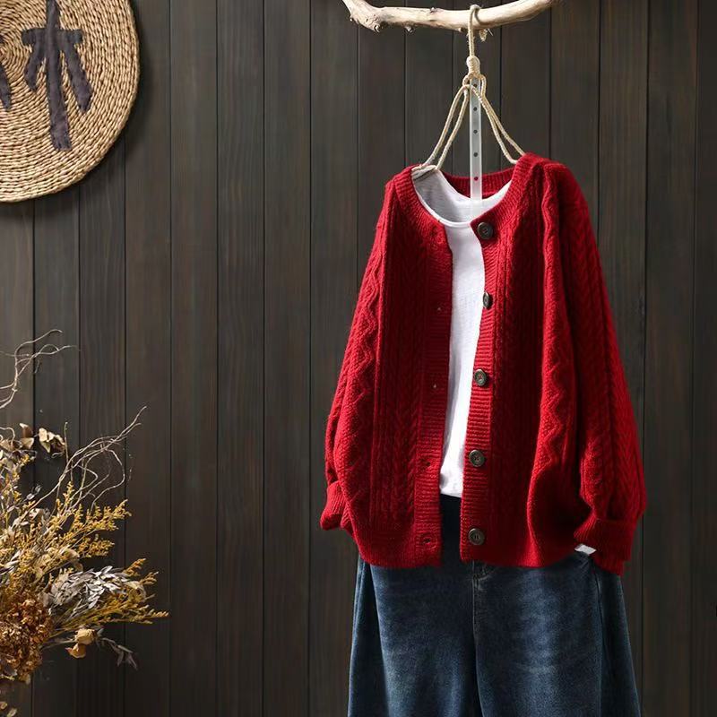 Hazel | Womens Cable Knit Wool Blend Cardigan, Red