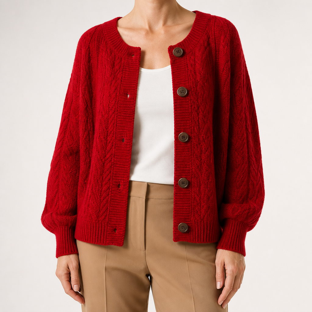Hazel | Womens Cable Knit Wool Blend Chunky Cardigan, Red